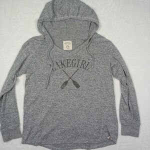 Lakegirl Womens Large Grey Heather knit Hooded Graphic Pullover Long Sleeve Top